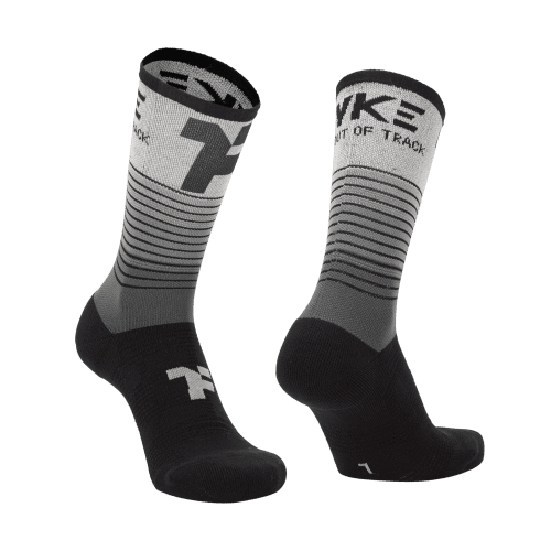 Mid socks in black gradient color with Fyke branding and left and right foot indication