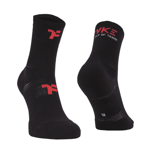 Mid socks in black color with Fyke branding and left and right foot indication