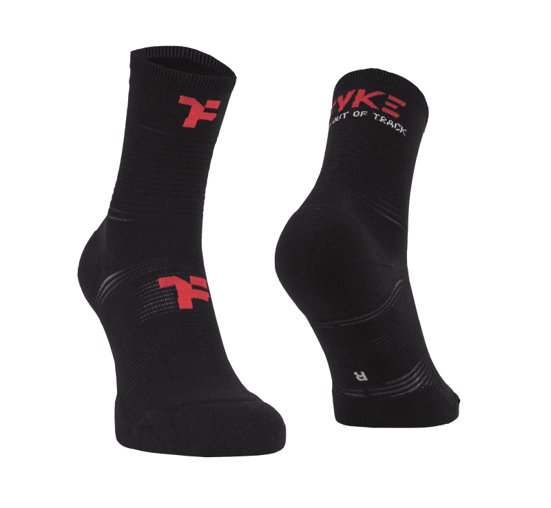 Mid socks in black color with Fyke branding and left and right foot indication