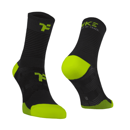 Mid socks in grey color with Fyke branding and left and right foot indication