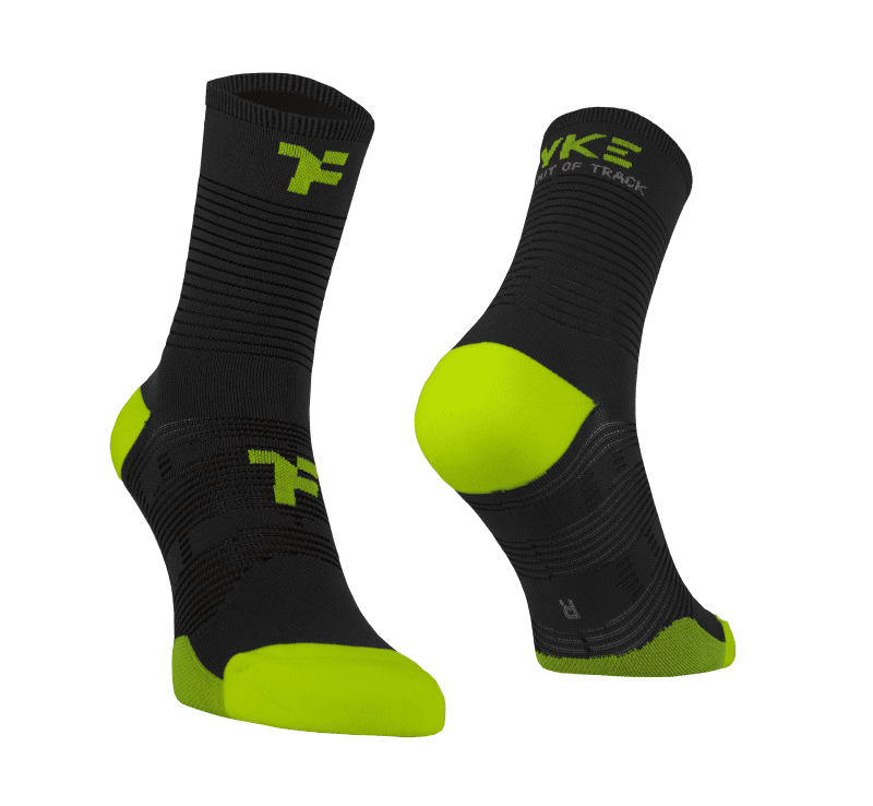 Mid socks in grey color with Fyke branding and left and right foot indication