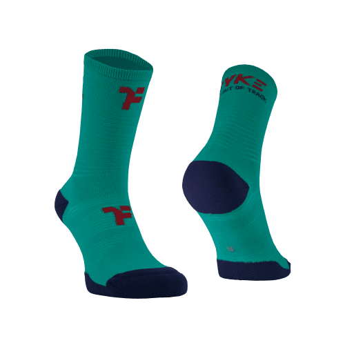 Mid socks in turquoise color with Fyke branding and left and right foot indication