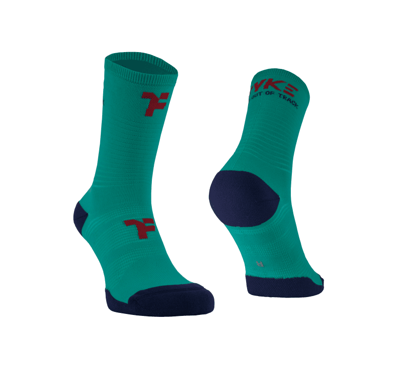 Mid socks in turquoise color with Fyke branding and left and right foot indication